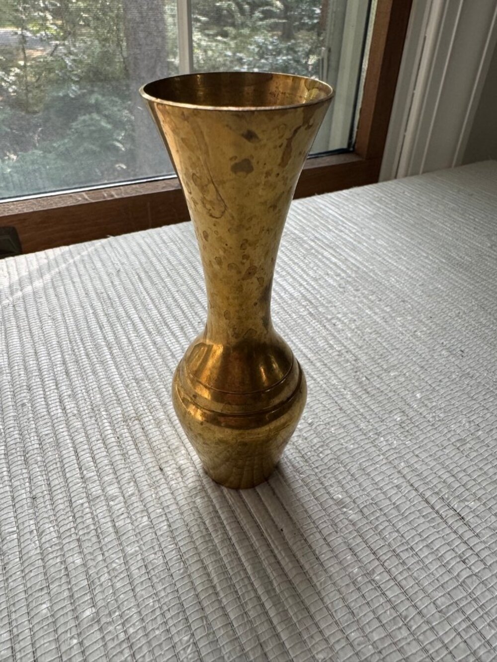Unmarked Metal Trumpet Vase | Flared Mouth, Bulbous Base